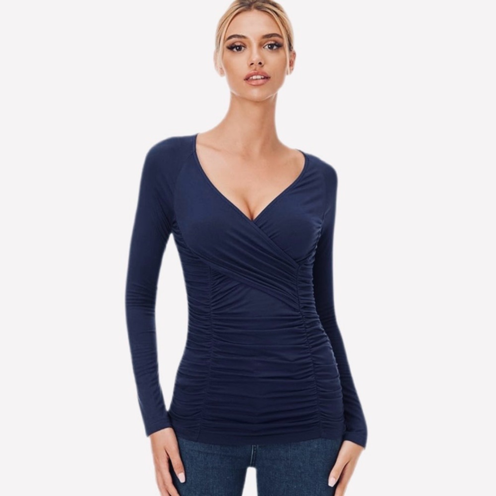 Navy Blue Ruched V-Neck Top from PattyBoutik - Picture 6 of 10
